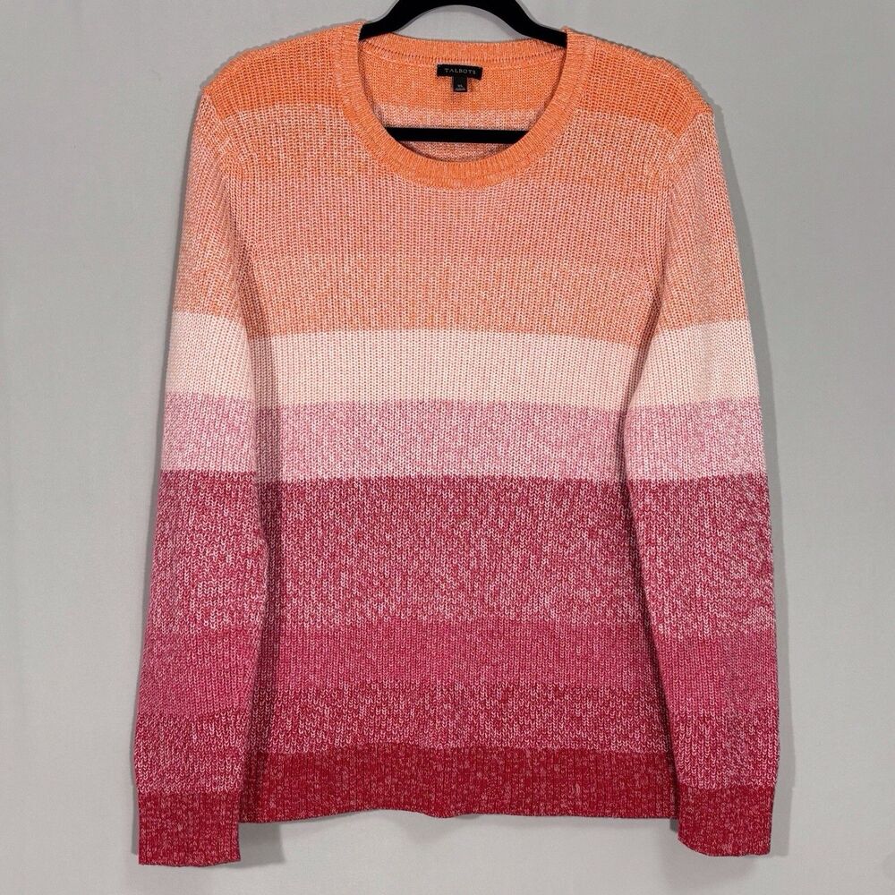 Talbots Ombre Crewneck Striped Sweater Women’s XL Pink & Orange Pima Cotton